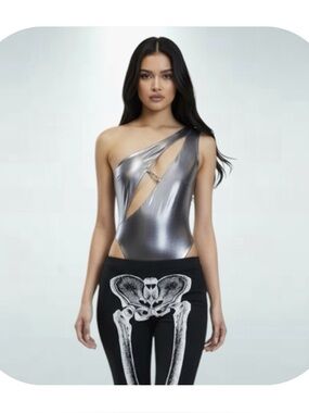 The Kript S silver one shoulder cutout bodysuit